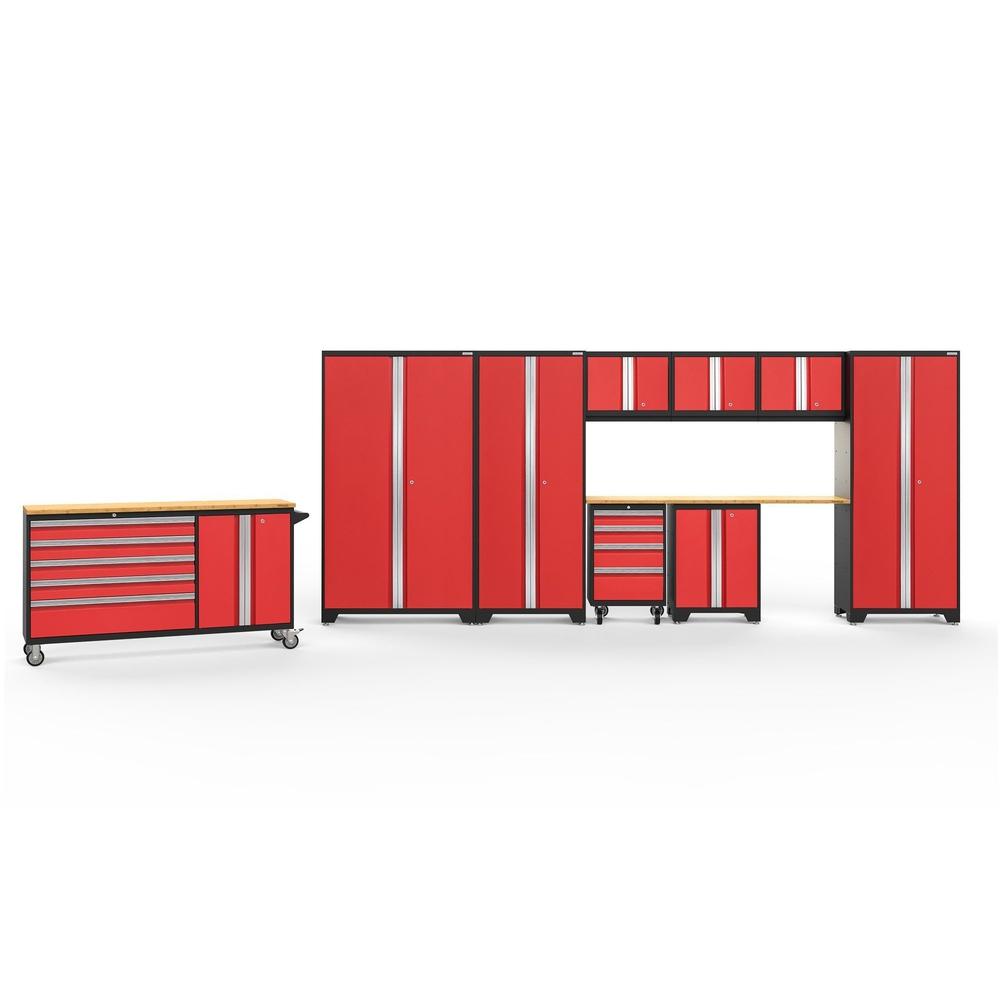 Newage Products Bold 3.0 Series 10-Piece Garage Cabinet Set With Project Center-56463-Red-Bamboo Worktop-LED Lights-Garage Giant