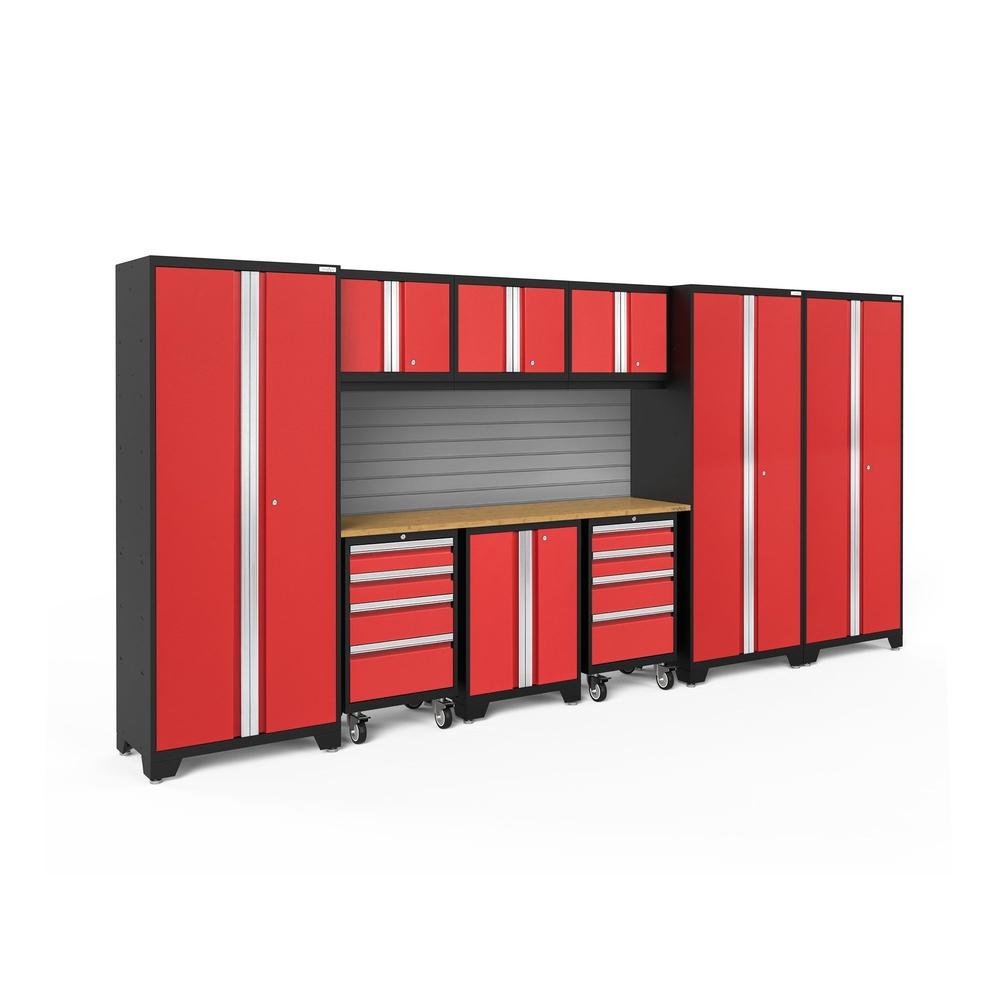 Newage Products Bold 3.0 Series 10-Piece Garage Cabinet Set-56385-Red-Bamboo Worktop-Slatwall Backsplash-Garage Giant