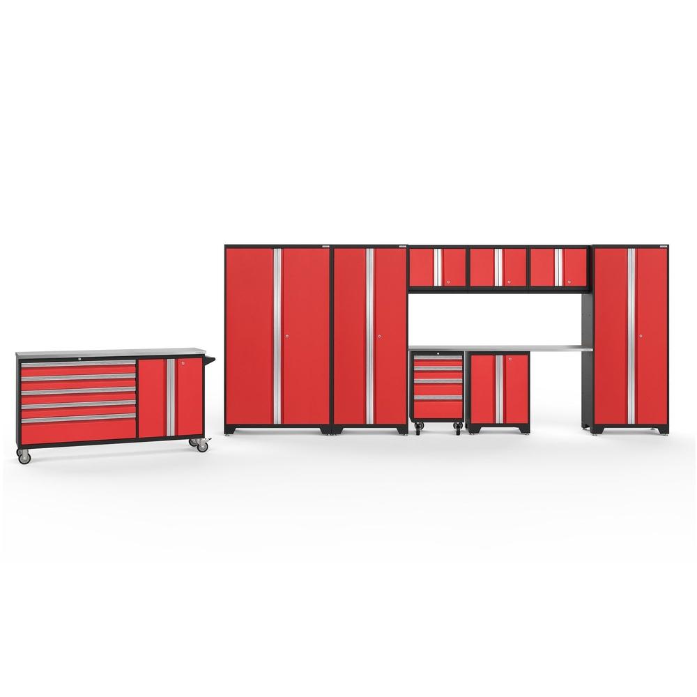 Newage Products Bold 3.0 Series 10-Piece Garage Cabinet Set With Project Center-56462-Red-Stainless Steel Worktop-None-Garage Giant
