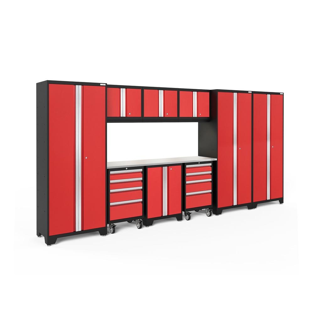 Newage Products Bold 3.0 Series 10-Piece Garage Cabinet Set-50635-Red-Stainless Steel Worktop-LED Lights-Garage Giant