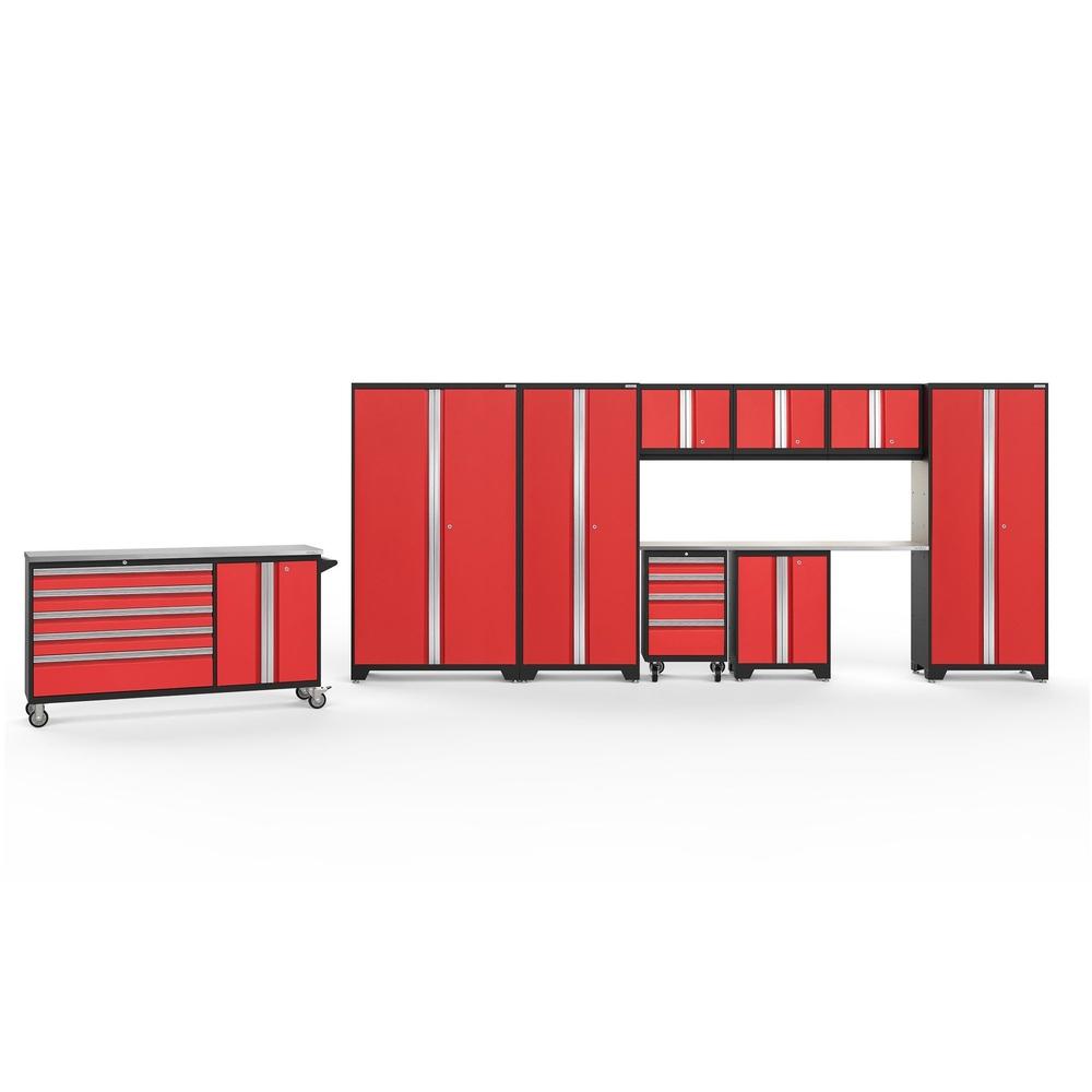 Newage Products Bold 3.0 Series 10-Piece Garage Cabinet Set With Project Center-56464-Red-Stainless Steel Worktop-LED Lights-Garage Giant