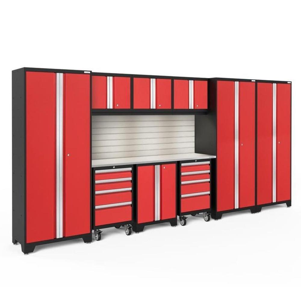 Newage Products Bold 3.0 Series 10-Piece Garage Cabinet Set-56388-Red-Stainless Steel Worktop-LED Lights + Slatwall Backsplash-Garage Giant