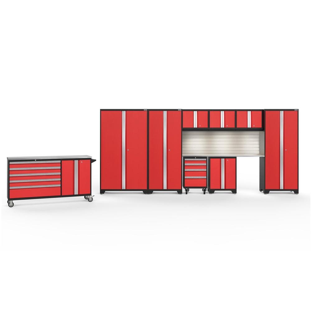 Newage Products Bold 3.0 Series 10-Piece Garage Cabinet Set With Project Center-56468-Red-Stainless Steel Worktop-LED Lights + Slatwall Backsplash-Garage Giant