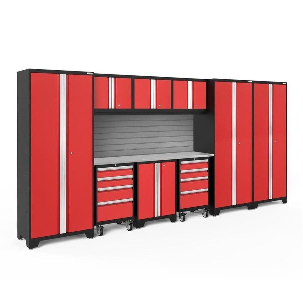 Newage Products Bold 3.0 Series 10-Piece Garage Cabinet Set-56386-Red-Stainless Steel Worktop-Slatwall Backsplash-Garage Giant