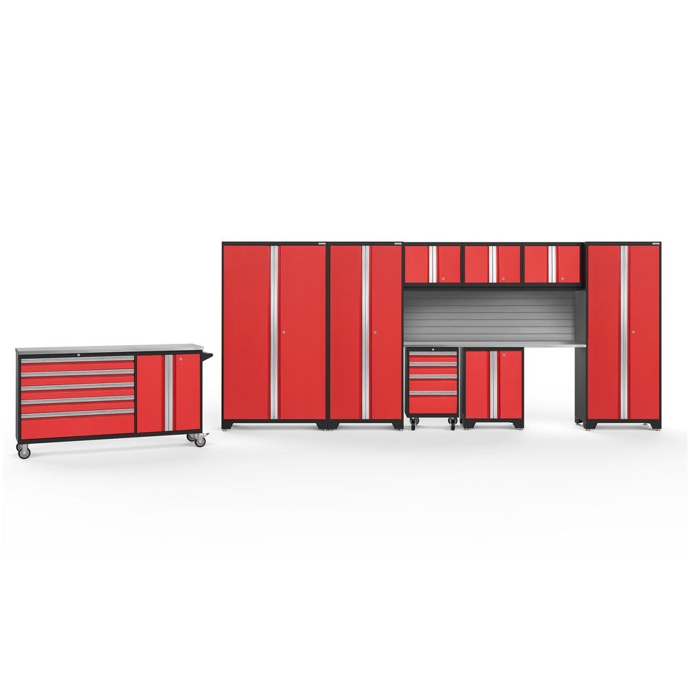 Newage Products Bold 3.0 Series 10-Piece Garage Cabinet Set With Project Center-56466-Red-Stainless Steel Worktop-Slatwall Backsplash-Garage Giant