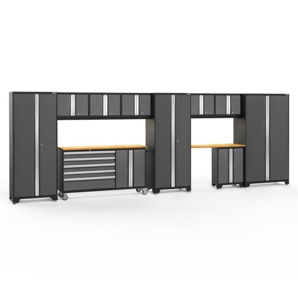 Newage Products Bold 3.0 Series 11-Piece Garage Cabinet Set With Project Center-56105-Grey-Bamboo Worktop-LED Lights-Garage Giant