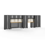 Newage Products Bold 3.0 Series 11-Piece Garage Cabinet Set With Project Center-56109-Grey-Bamboo Worktop-LED Lights + Slatwall Backsplash-Garage Giant 
