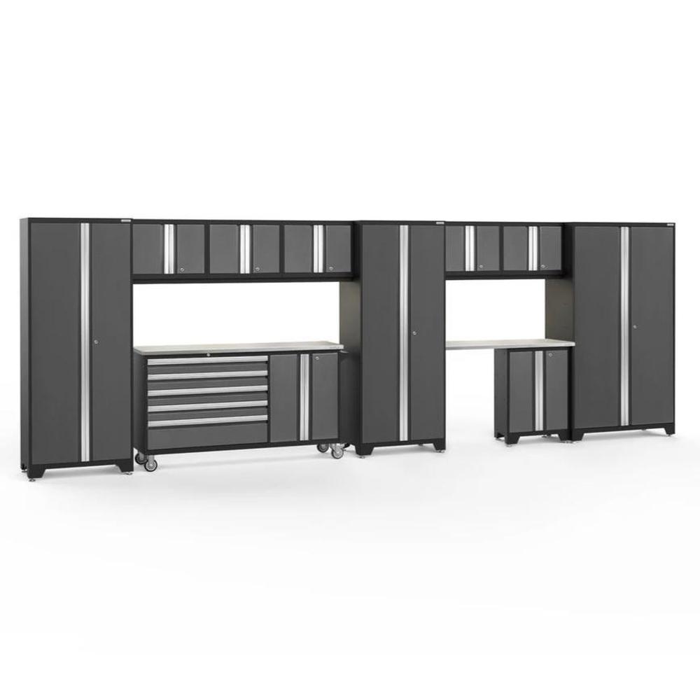Newage Products Bold 3.0 Series 11-Piece Garage Cabinet Set With Project Center-56106-Grey-Stainless Steel Worktop-LED Lights-Garage Giant