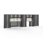 Newage Products Bold 3.0 Series 11-Piece Garage Cabinet Set With Project Center-56110-Grey-Stainless Steel Worktop-LED Lights + Slatwall Backsplash-Garage Giant 