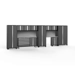 Newage Products Bold 3.0 Series 11-Piece Garage Cabinet Set With Project Center-56108-Grey-Stainless Steel Worktop-Slatwall Backsplash-Garage Giant 