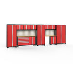 Newage Products Bold 3.0 Series 11-Piece Garage Cabinet Set With Project Center-56455-Red-Bamboo Worktop-LED Lights + Slatwall Backsplash-Garage Giant 