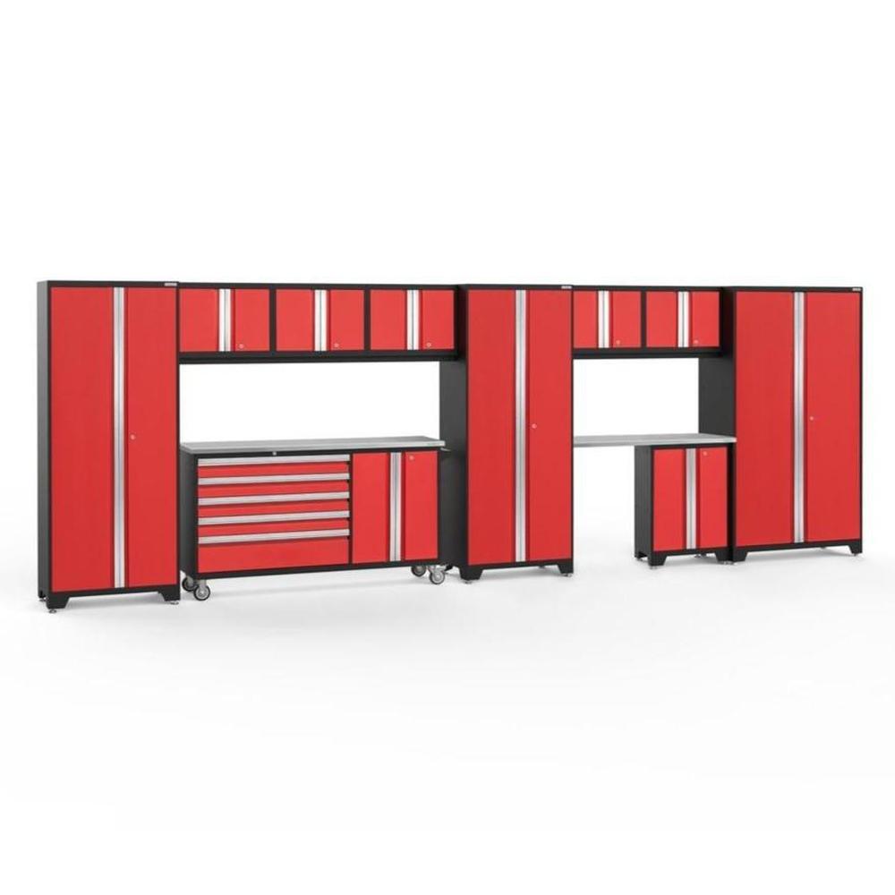 Newage Products Bold 3.0 Series 11-Piece Garage Cabinet Set With Project Center-56450-Red-Stainless Steel Worktop-None-Garage Giant