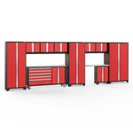Newage Products Bold 3.0 Series 11-Piece Garage Cabinet Set With Project Center-56452-Red-Stainless Steel Worktop-LED Lights-Garage Giant 