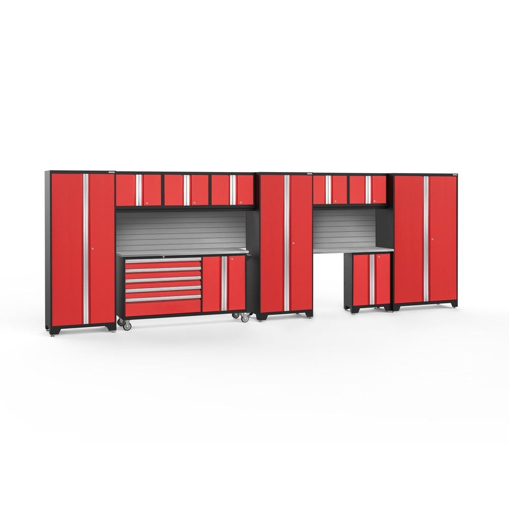Newage Products Bold 3.0 Series 11-Piece Garage Cabinet Set With Project Center-56454-Red-Stainless Steel Worktop-Slatwall Backsplash-Garage Giant