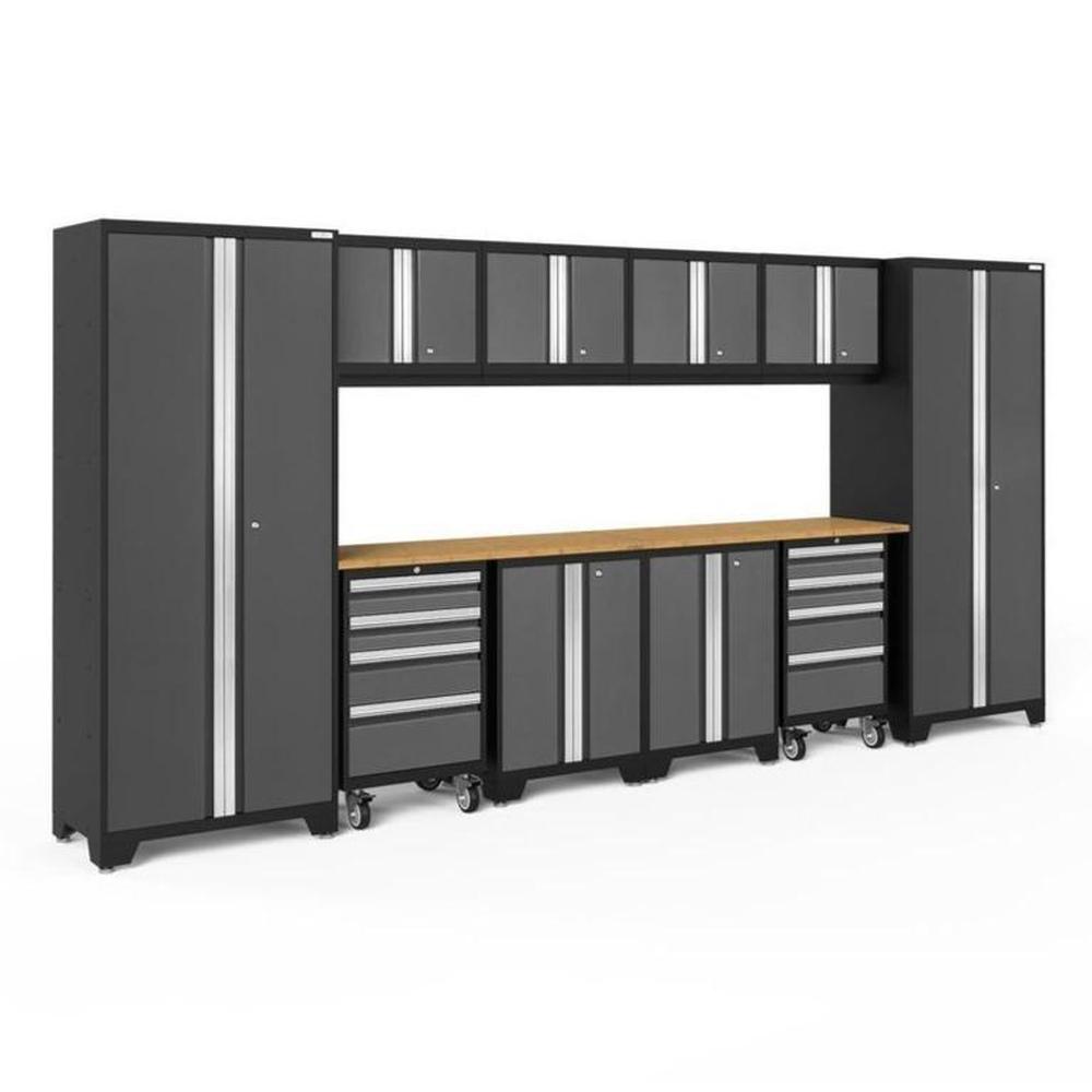 Newage Products Bold 3.0 Series 12-Piece Garage Cabinet Set With 2X Rolling Tool Cabinets-50410-Grey-Bamboo Worktop-None-Garage Giant