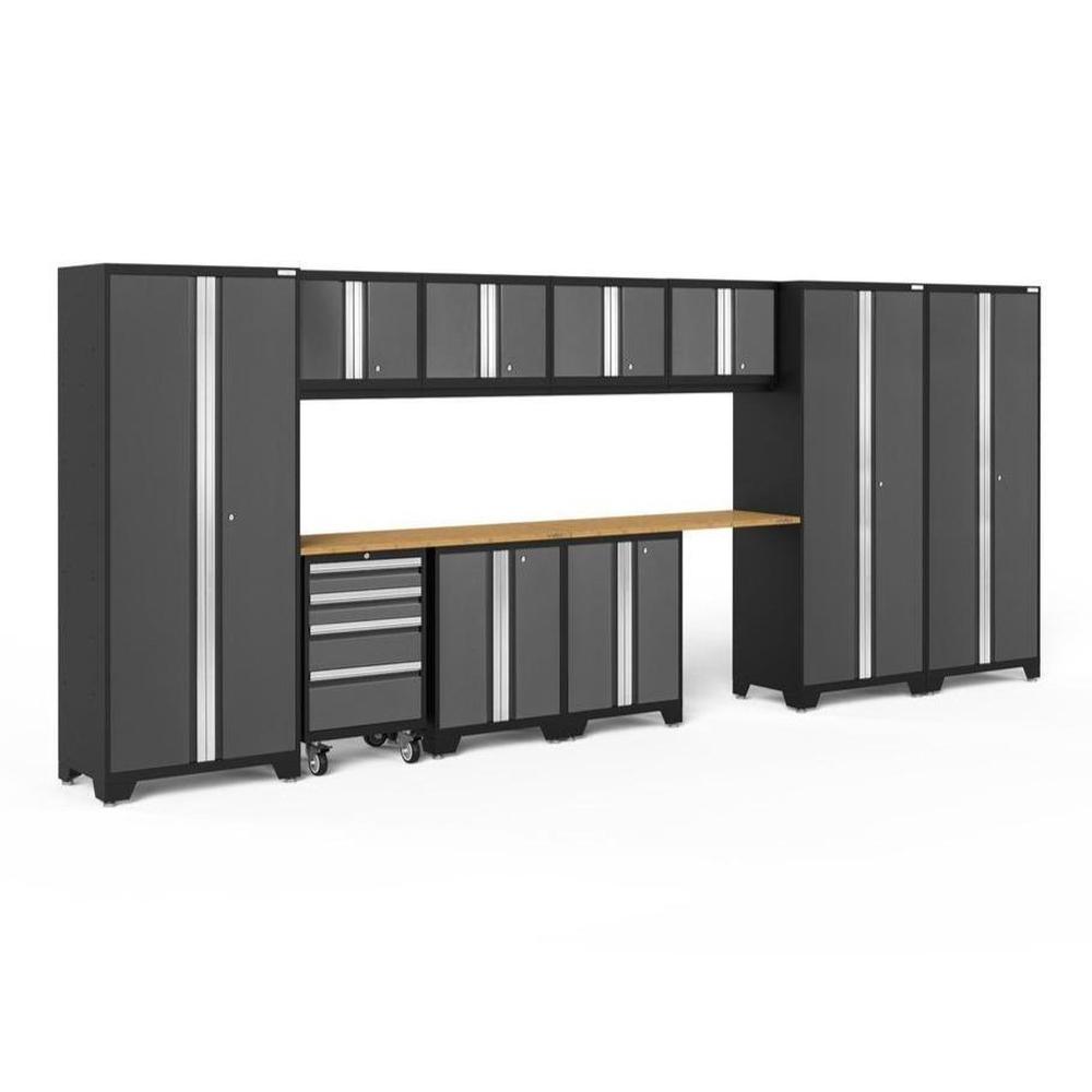 Newage Products Bold 3.0 Series 12-Piece Garage Cabinet Set With 3X Multi-Use Lockers-50415-Grey-Bamboo Worktop-None-Garage Giant