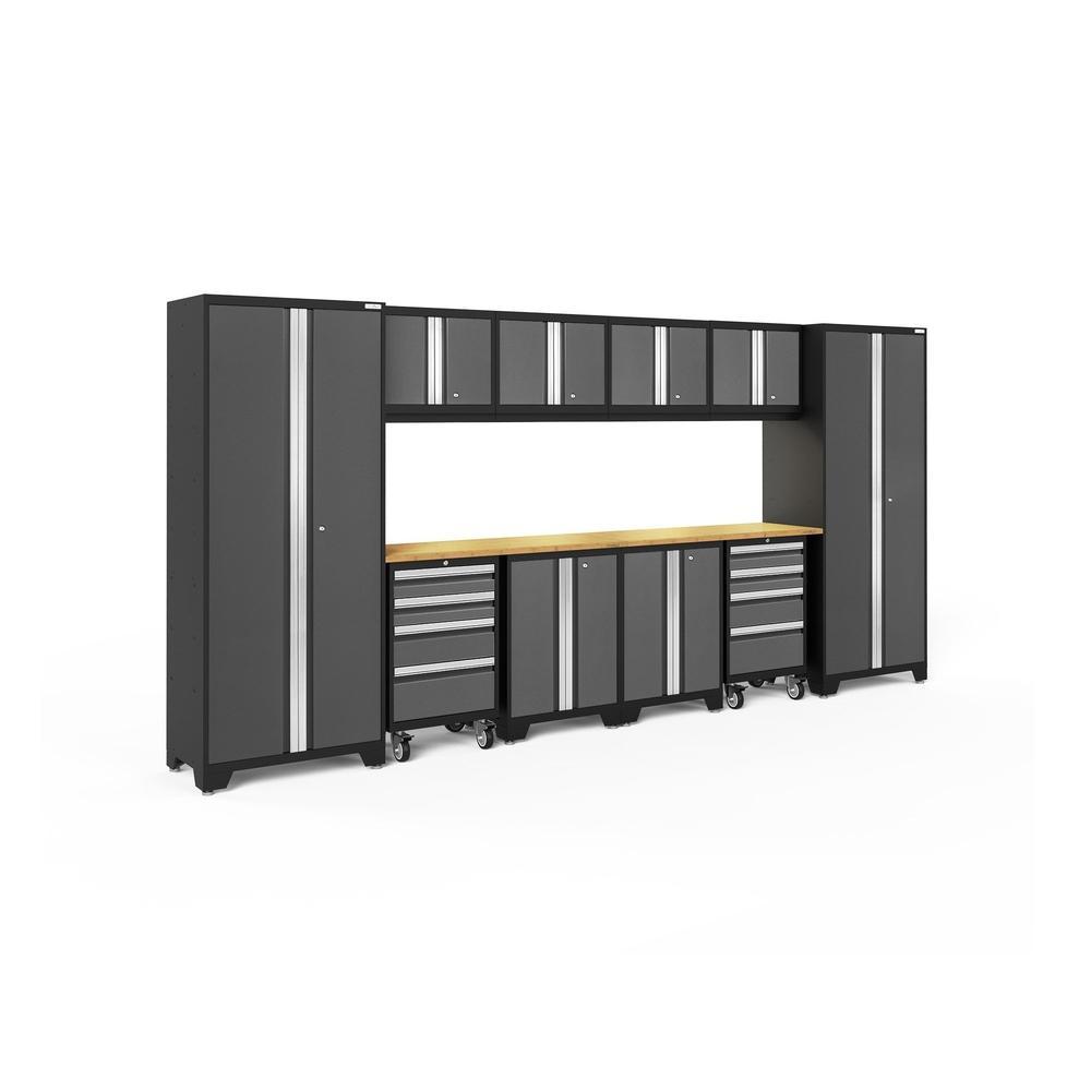 Newage Products Bold 3.0 Series 12-Piece Garage Cabinet Set With 2X Rolling Tool Cabinets-50432-Grey-Bamboo Worktop-LED Lights-Garage Giant