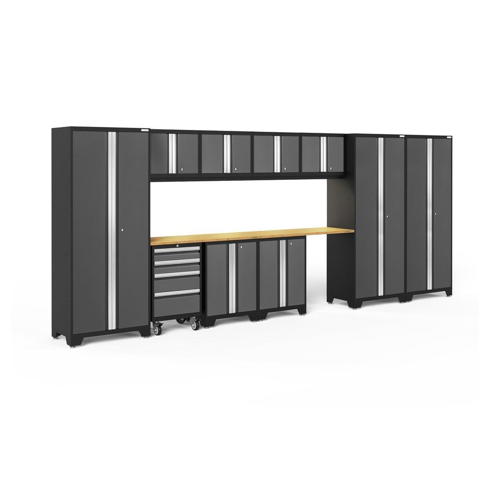 Newage Products Bold 3.0 Series 12-Piece Garage Cabinet Set With 3X Multi-Use Lockers-50437-Grey-Bamboo Worktop-LED Lights-Garage Giant