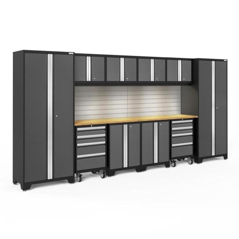 Newage Products Bold 3.0 Series 12-Piece Garage Cabinet Set With 2X Rolling Tool Cabinets-56018-Grey-Bamboo Worktop-LED Lights + Slatwall Backsplash-Garage Giant