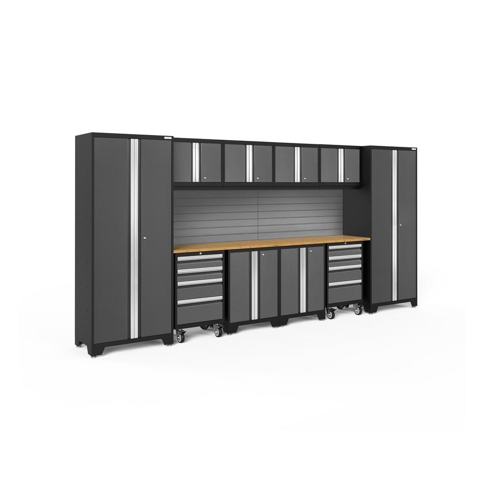 Newage Products Bold 3.0 Series 12-Piece Garage Cabinet Set With 2X Rolling Tool Cabinets-56020-Grey-Bamboo Worktop-Slatwall Backsplash-Garage Giant