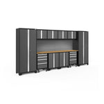 Newage Products Bold 3.0 Series 12-Piece Garage Cabinet Set With 2X Rolling Tool Cabinets-56020-Grey-Bamboo Worktop-Slatwall Backsplash-Garage Giant 