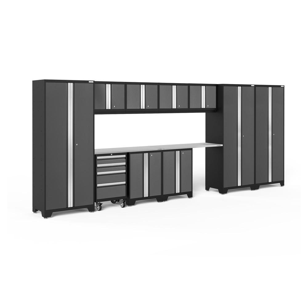 Newage Products Bold 3.0 Series 12-Piece Garage Cabinet Set With 3X Multi-Use Lockers-50414-Grey-Stainless Steel Worktop-None-Garage Giant
