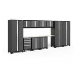 Newage Products Bold 3.0 Series 12-Piece Garage Cabinet Set With 3X Multi-Use Lockers-50436-Grey-Stainless Steel Worktop-LED Lights-Garage Giant 