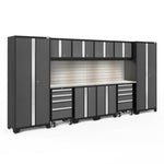 Newage Products Bold 3.0 Series 12-Piece Garage Cabinet Set With 2X Rolling Tool Cabinets-56019-Grey-Stainless Steel Worktop-LED Lights + Slatwall Backsplash-Garage Giant 