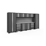 Newage Products Bold 3.0 Series 12-Piece Garage Cabinet Set With 2X Rolling Tool Cabinets-56017-Grey-Stainless Steel Worktop-Slatwall Backsplash-Garage Giant 