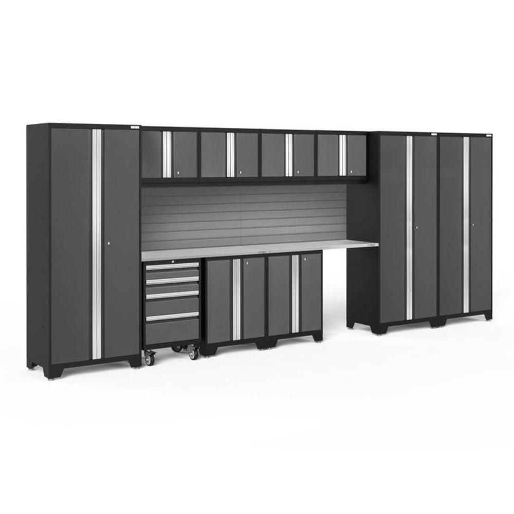 Newage Products Bold 3.0 Series 12-Piece Garage Cabinet Set With 3X Multi-Use Lockers-56053-Grey-Stainless Steel Worktop-Slatwall Backsplash-Garage Giant