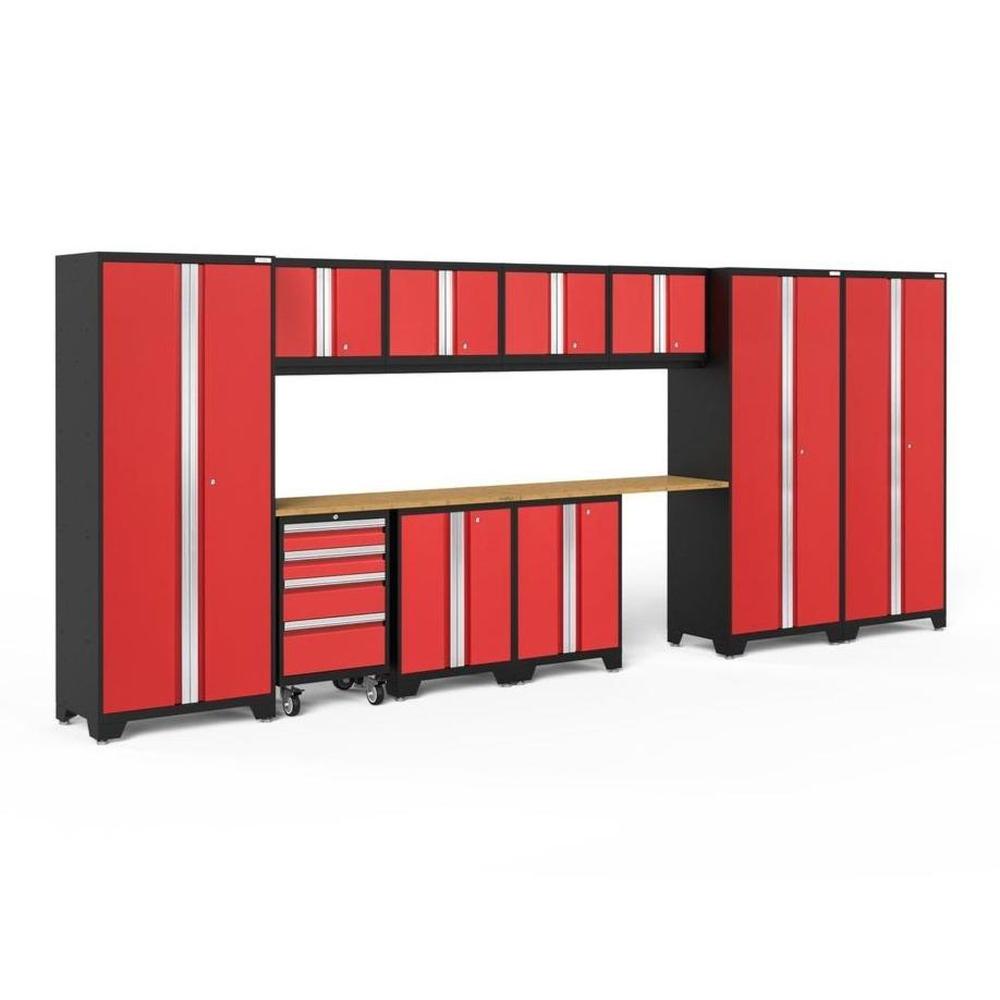 Newage Products Bold 3.0 Series 12-Piece Garage Cabinet Set With 3X Multi-Use Lockers-50615-Red-Bamboo Worktop-None-Garage Giant