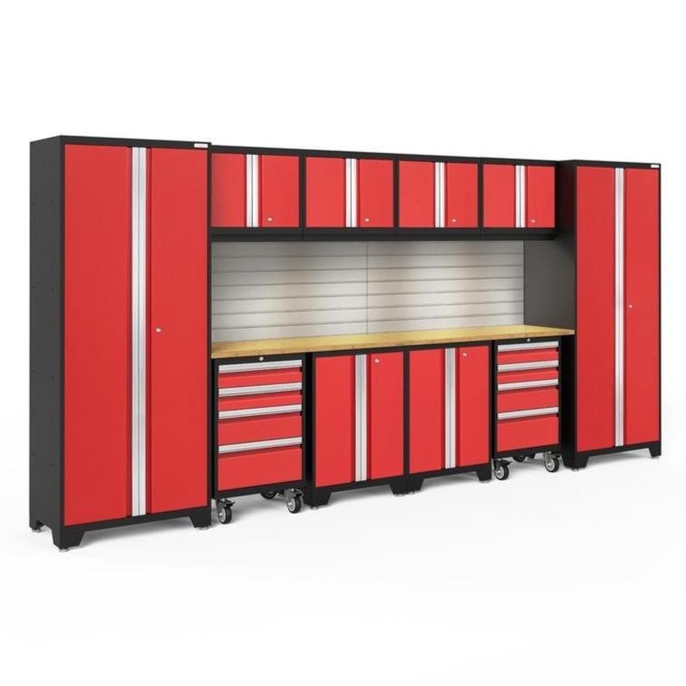Newage Products Bold 3.0 Series 12-Piece Garage Cabinet Set With 2X Rolling Tool Cabinets-56375-Red-Bamboo Worktop-LED Lights + Slatwall Backsplash-Garage Giant
