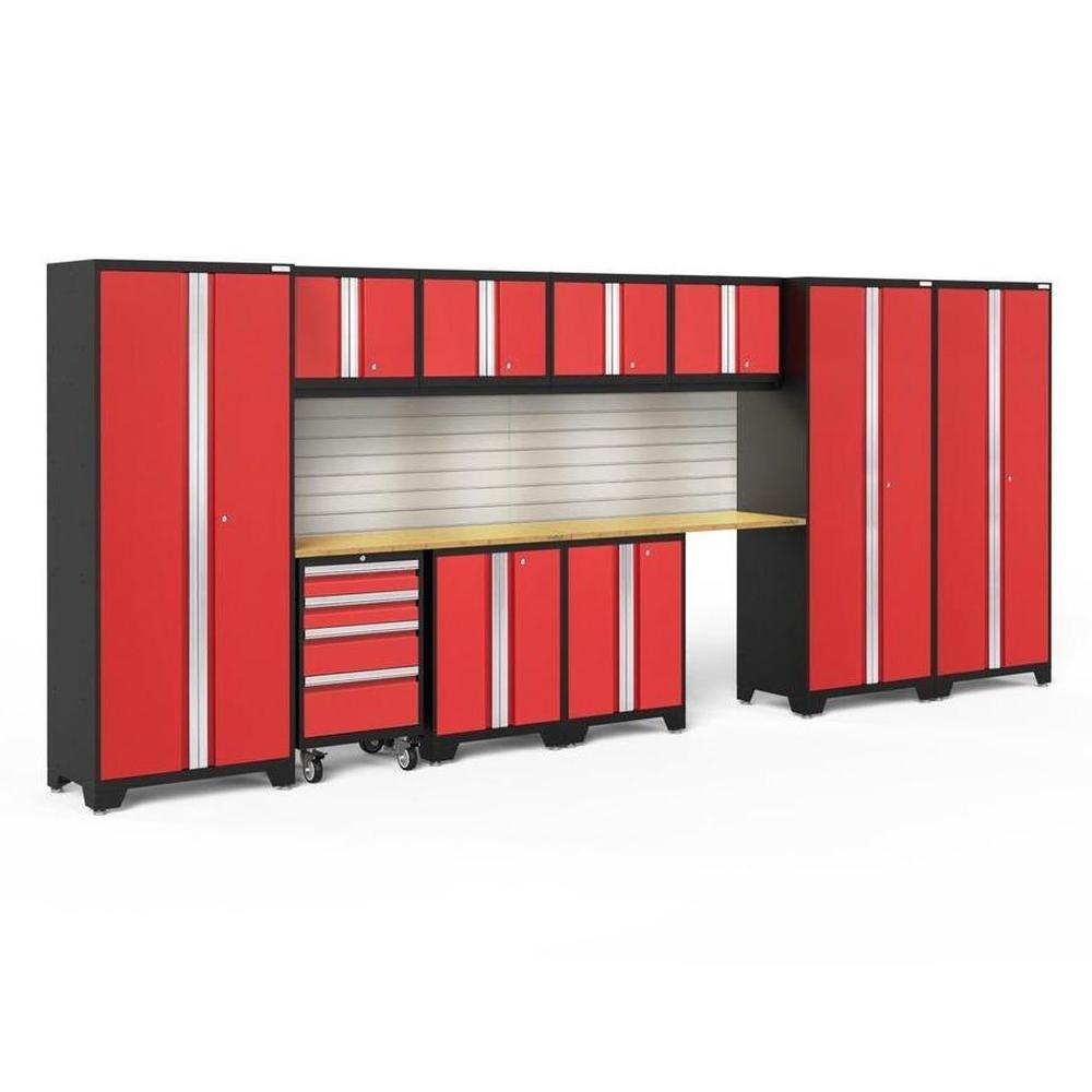 Newage Products Bold 3.0 Series 12-Piece Garage Cabinet Set With 3X Multi-Use Lockers-56400-Red-Bamboo Worktop-LED Lights + Slatwall Backsplash-Garage Giant