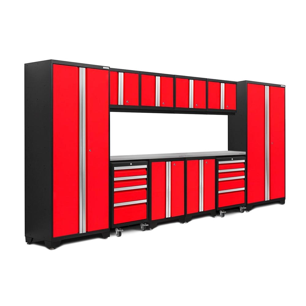 Newage Products Bold 3.0 Series 12-Piece Garage Cabinet Set With 2X Rolling Tool Cabinets-50611-Red-Stainless Steel Worktop-None-Garage Giant