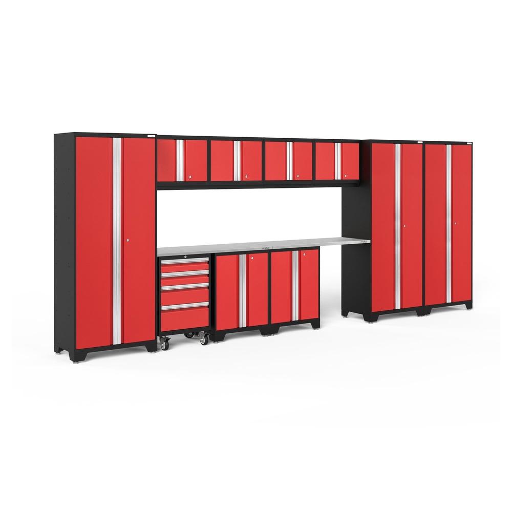 Newage Products Bold 3.0 Series 12-Piece Garage Cabinet Set With 3X Multi-Use Lockers-50614-Red-Stainless Steel Worktop-None-Garage Giant