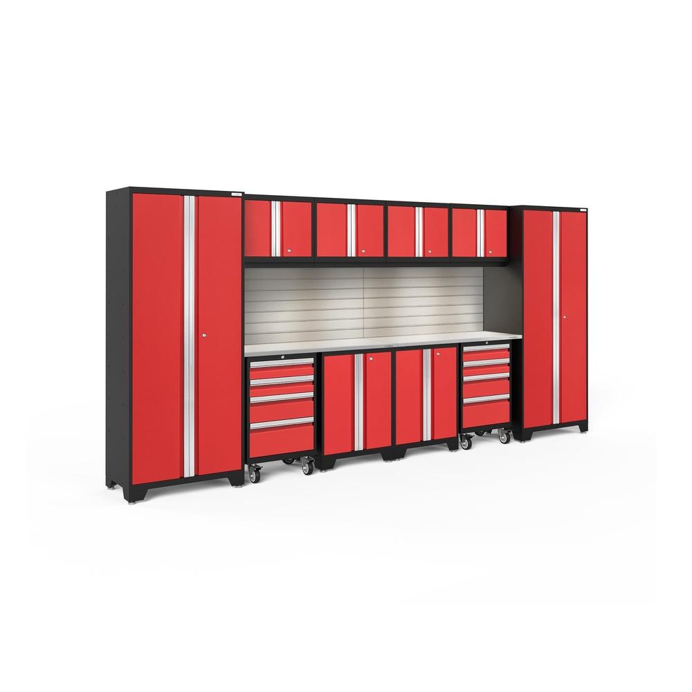 Newage Products Bold 3.0 Series 12-Piece Garage Cabinet Set With 2X Rolling Tool Cabinets-56376-Red-Stainless Steel Worktop-LED Lights + Slatwall Backsplash-Garage Giant