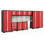 Newage Products Bold 3.0 Series 12-Piece Garage Cabinet Set With 3X Multi-Use Lockers-56399-Red-Stainless Steel Worktop-LED Lights + Slatwall Backsplash-Garage Giant 