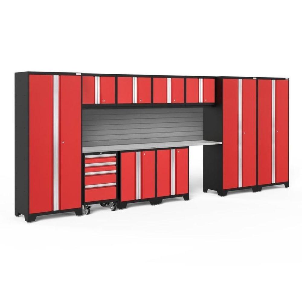 Newage Products Bold 3.0 Series 12-Piece Garage Cabinet Set With 3X Multi-Use Lockers-56397-Red-Stainless Steel Worktop-Slatwall Backsplash-Garage Giant