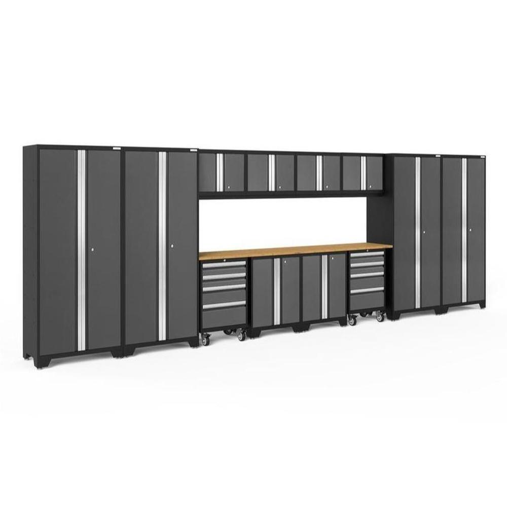 Newage Products Bold 3.0 Series 14-Piece Garage Cabinet Set With 4X Multi-Use Lockers-50416-Grey-Bamboo Worktop-None-Garage Giant