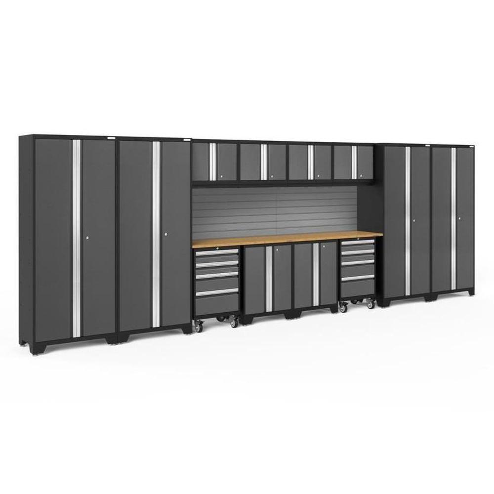 Newage Products Bold 3.0 Series 14-Piece Garage Cabinet Set With 4X Multi-Use Lockers-56134-Grey-Bamboo Worktop-Slatwall Backsplash-Garage Giant