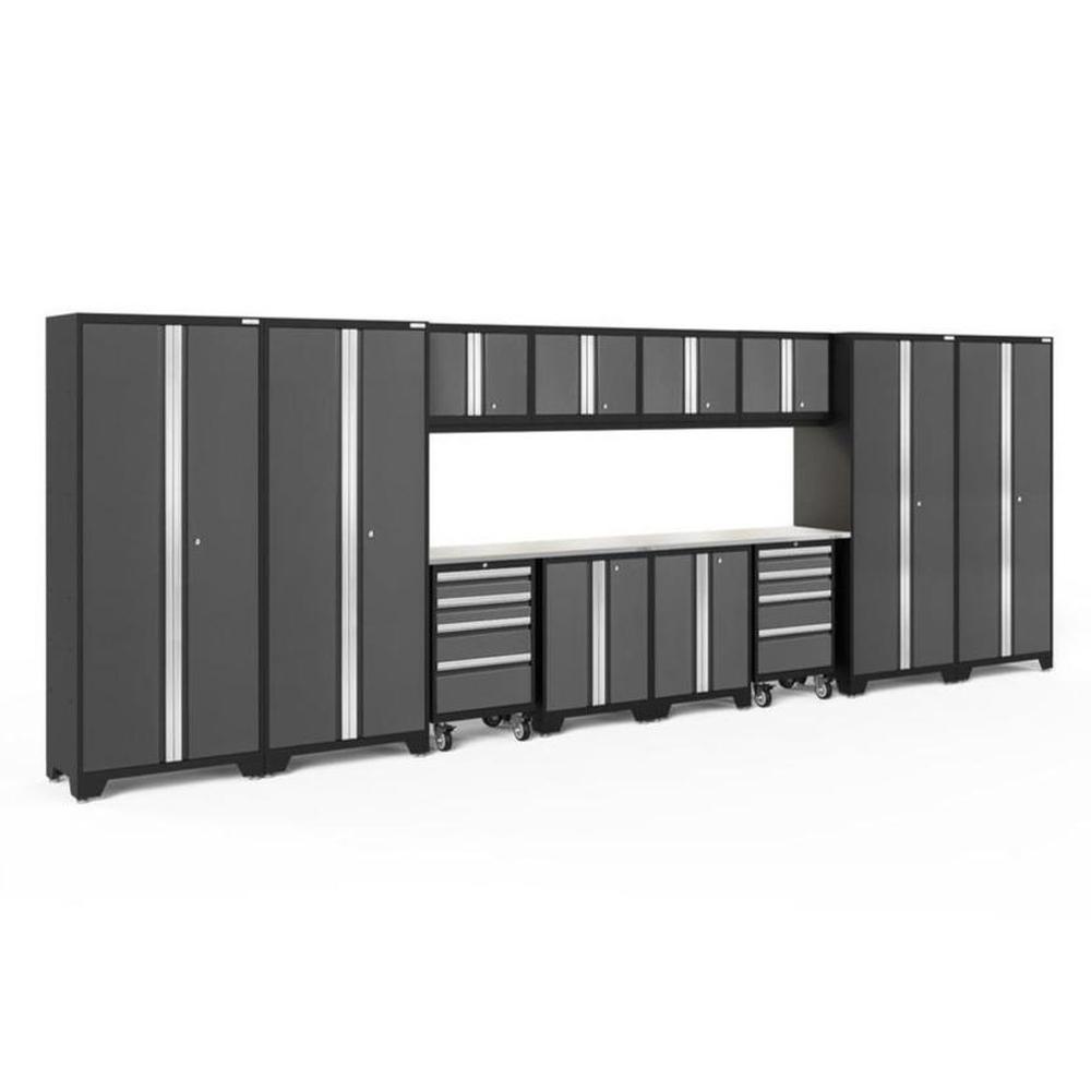Newage Products Bold 3.0 Series 14-Piece Garage Cabinet Set With 4X Multi-Use Lockers-50439-Grey-Stainless Steel Worktop-LED Lights-Garage Giant