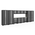 Newage Products Bold 3.0 Series 14-Piece Garage Cabinet Set With 4X Multi-Use Lockers-50439-Grey-Stainless Steel Worktop-LED Lights-Garage Giant 