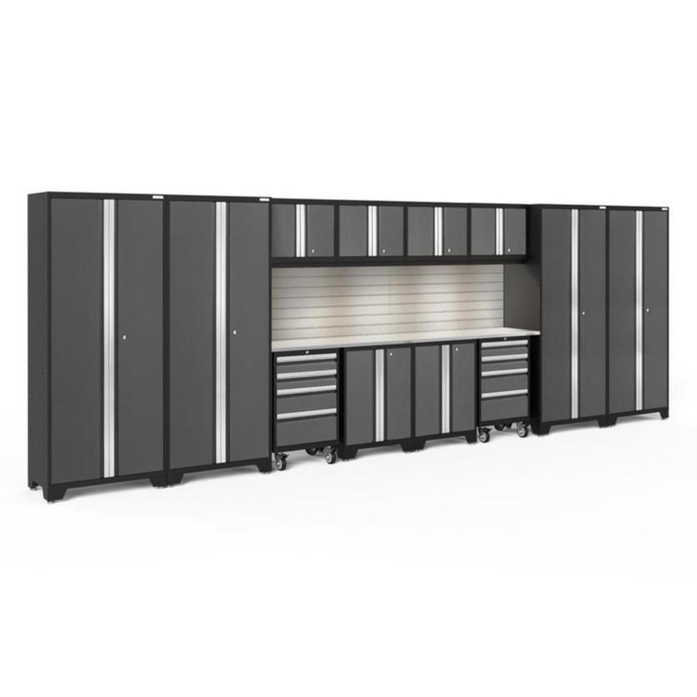 Newage Products Bold 3.0 Series 14-Piece Garage Cabinet Set With 4X Multi-Use Lockers-56137-Grey-Stainless Steel Worktop-LED Lights + Slatwall Backsplash-Garage Giant