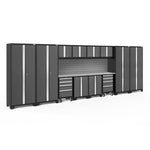 Newage Products Bold 3.0 Series 14-Piece Garage Cabinet Set With 4X Multi-Use Lockers-56135-Grey-Stainless Steel Worktop-Slatwall Backsplash-Garage Giant 