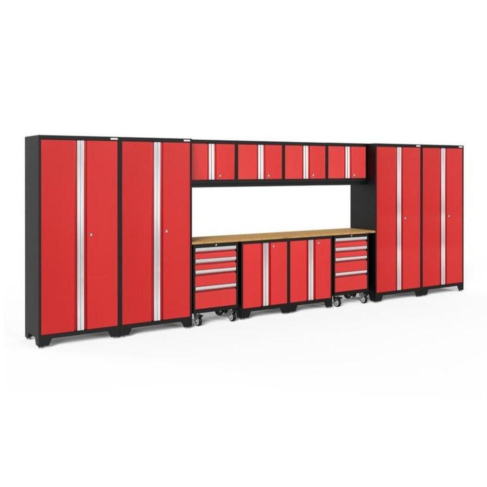 Newage Products Bold 3.0 Series 14-Piece Garage Cabinet Set With 4X Multi-Use Lockers-50616-Red-Bamboo Worktop-None-Garage Giant