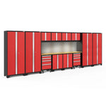 Newage Products Bold 3.0 Series 14-Piece Garage Cabinet Set With 4X Multi-Use Lockers-56479-Red-Bamboo Worktop-LED Lights + Slatwall Backsplash-Garage Giant 