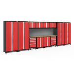 Newage Products Bold 3.0 Series 14-Piece Garage Cabinet Set With 4X Multi-Use Lockers-56477-Red-Bamboo Worktop-Slatwall Backsplash-Garage Giant 