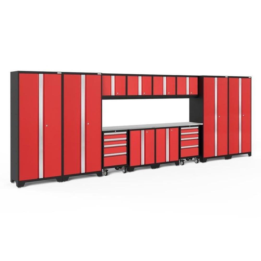Newage Products Bold 3.0 Series 14-Piece Garage Cabinet Set With 4X Multi-Use Lockers-50617-Red-Stainless Steel Worktop-None-Garage Giant