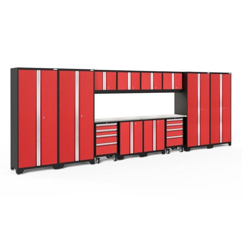 Newage Products Bold 3.0 Series 14-Piece Garage Cabinet Set With 4X Multi-Use Lockers-50639-Red-Stainless Steel Worktop-LED Lights-Garage Giant