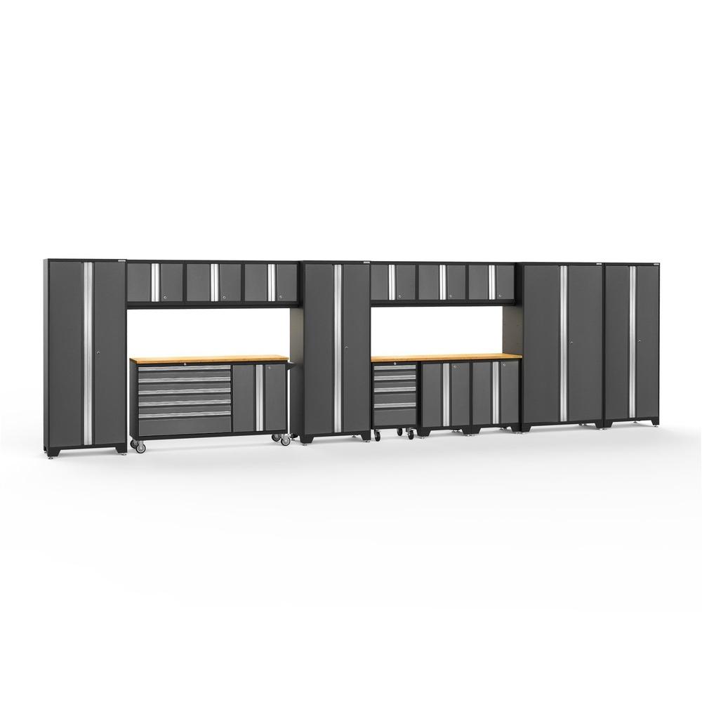 Newage Products Bold 3.0 Series 15-Piece Garage Cabinet Set With Project Center-56189-Grey-Bamboo Worktop-LED Lights-Garage Giant